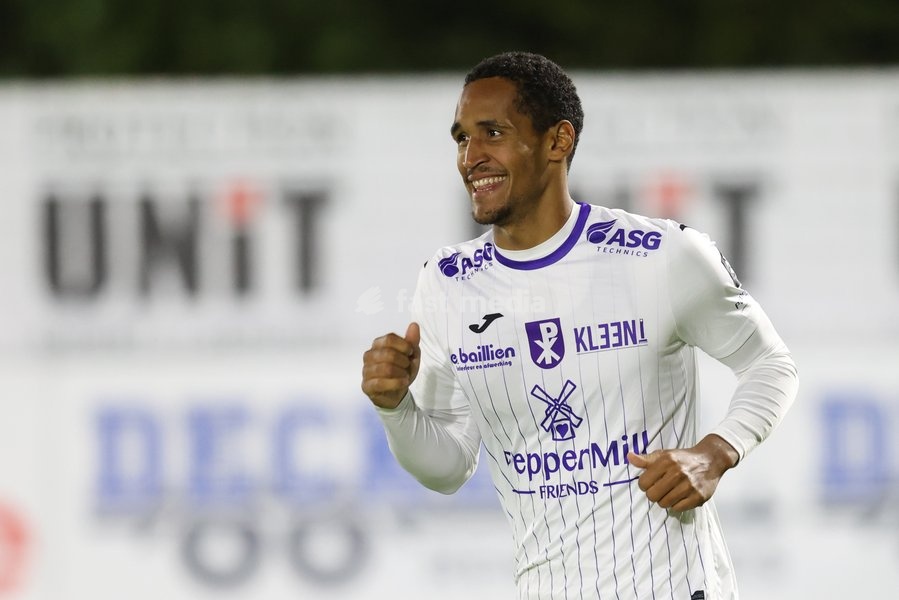 Patro Eisden's Haji Mnoga celebrates after scoring during a soccer match between RFC Liège and Patro Eisden Maasmechelen, on Sunday 25 October 2026 in Liege, on day 8 of the 2026-2027 'Challenger Pro League' second division of the Belgian championship
