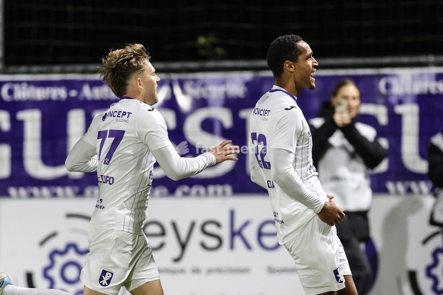 Patro Eisden's Haji Mnoga celebrates after scoring during a soccer match between RFC Liège and Patro Eisden Maasmechelen, on Sunday 25 October 2026 in Liege, on day 8 of the 2026-2027 'Challenger Pro League' second division of the Belgian championship