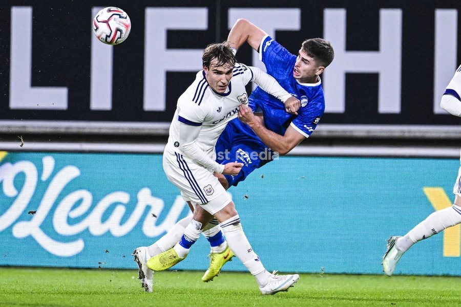 Mihajlo Cvetković, of RSC Anderlecht and Maksim Paskotsi of KAA Gent pictured in action during a soccer match between KAA Gent and RSC Anderlecht, Sunday 25 October 2026 in Gent, on day 9 of the 2026-2027 'Jupiler Pro League' first division of the Belgian championship