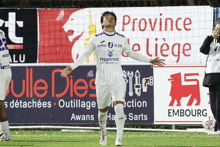 Patro Eisden's Seok-Ju Hong celebrates after scoring during a soccer match between RFC Liège and Patro Eisden Maasmechelen, on Sunday 25 October 2026 in Liege, on day 8 of the 2026-2027 'Challenger Pro League' second division of the Belgian championship