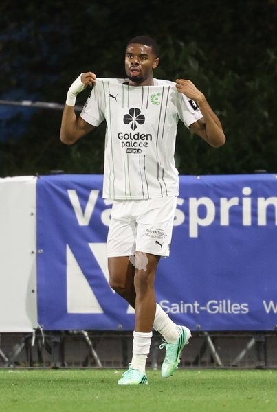 Cercle's Steve Eyrolle Ngoura celebrates after scoring during a soccer match between Royale Union Saint-Gilloise and Cercle Brugge, Sunday 25 October 2026 in Brussels, on day 9 of the 2026-2027 'Jupiler Pro League' first division of the Belgian championship