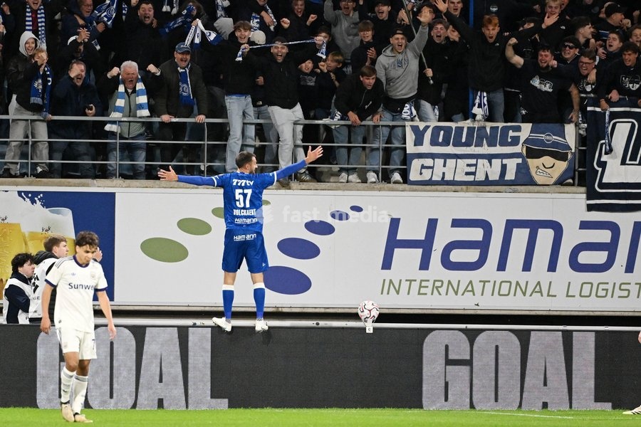 Gent's Matties Volckaert celebrates after scoring the 4-0 goal during a soccer match between KAA Gent and RSC Anderlecht, Sunday 25 October 2026 in Gent, on day 9 of the 2026-2027 'Jupiler Pro League' first division of the Belgian championship, in Gent