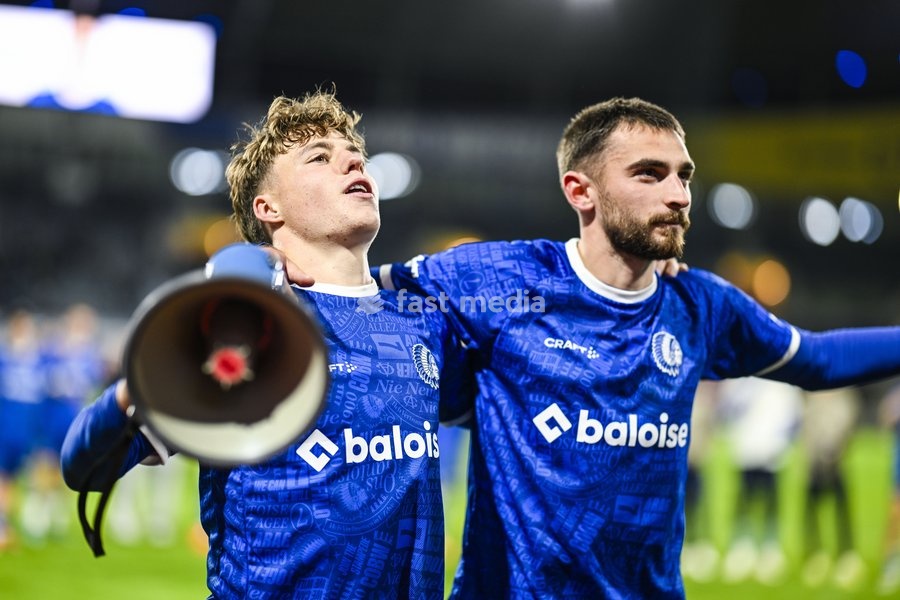 Tibe De Vlieger of KAA Gent and Matties Volckaert of KAA Gent celebrate after winning a soccer match between KAA Gent and RSC Anderlecht, Sunday 25 October 2026 in Gent, on day 9 of the 2026-2027 'Jupiler Pro League' first division of the Belgian championship
