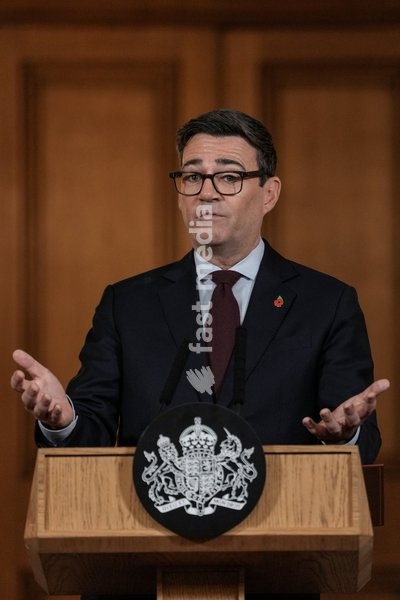 Britain's Prime Minister Andy Burnham speaks as he hosts a "Rough Sleeping Summit" in Downing Street in central London on October 26, 2026, to push for further action to support people to get off the streets for good