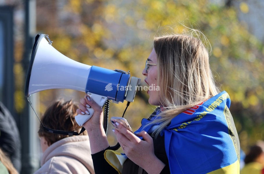 A demonstrator uses a megaphone during the “Don’t Stay Silent! Captivity Kills!” rally in support of Ukrainian prisoners of war and MIAs, Kharkiv, Ukraine, October 25, 2026