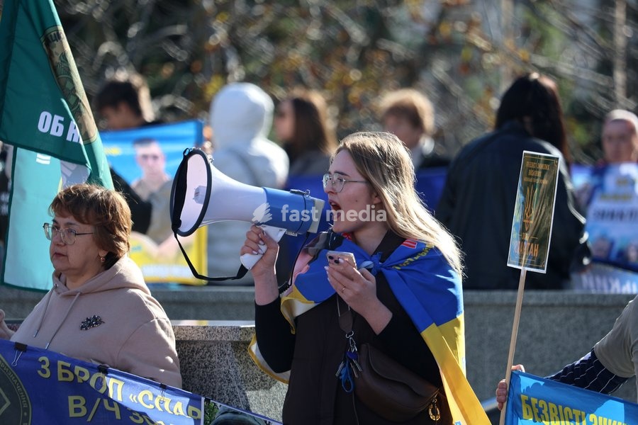 A demonstrator uses a megaphone during the “Don’t Stay Silent! Captivity Kills!” rally in support of Ukrainian prisoners of war and MIAs, Kharkiv, Ukraine, October 25, 2026