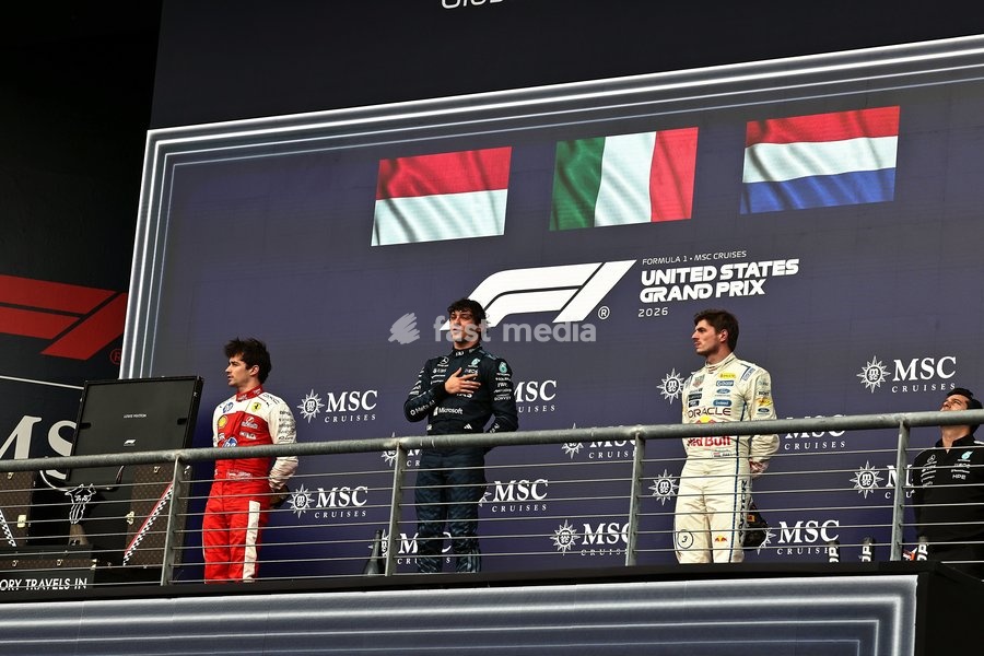 AUSTIN, UNITED STATES - OCTOBER 25: Andrea Kimi Antonelli of Italy driving the (12) Mercedes-AMG PETRONAS F1 Team Mercedes W17 on track ahead of Charles Leclerc of Monaco driving the (16) Scuderia Ferrari HP Ferrari SF-26 and Max Verstappen of the Netherlands driving the (3) Oracle Red Bull Racing…