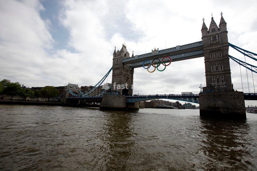 Giant set of Olympic rings are displayed from Tower Bridge on June 27, 2012 in London, England. The rings weigh over three tonnes and measure over 25 metres wide by 11.5 metres tall; they will be illuminated in a light-show every evening during the Games