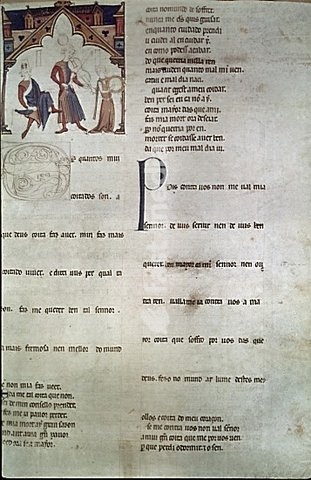 ESCENA DE MUSICA Y DANZA EN EL CANCIONERO D'AJUDA - TROVADOR CON VIHUELA DE ARCO - PERGAMINO FECHADO ALREDEDOR DE 1280