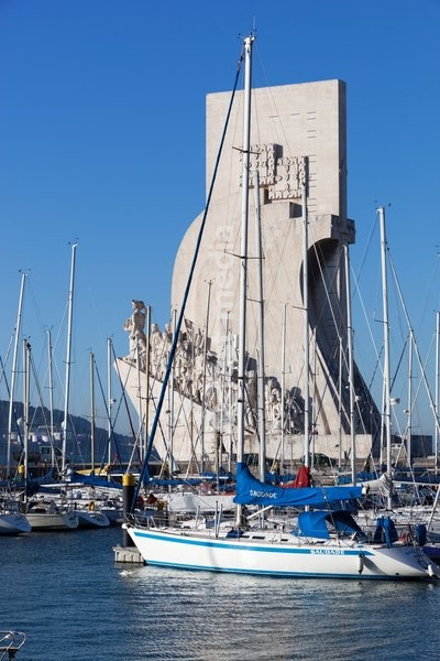 Monument to the Discoveries across marina Doca de Belem, Belem, Lisbon, Portugal, Europe