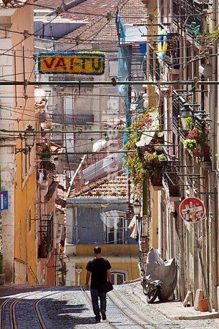 Road of the Elevador da Bica funicular railway in the district of Bairro Alto, Lisbon, Portugal, Europe