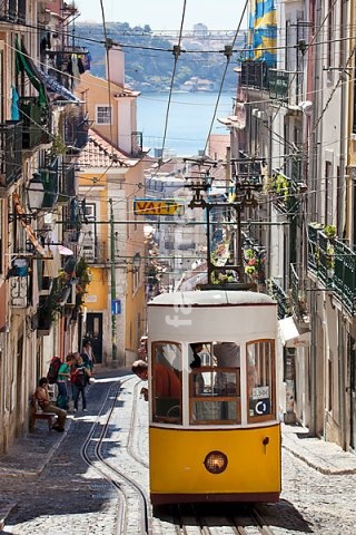 Tram of the Elevador da Bica funicular railway, overlooking the Rio Tejo River, in the district of Bairro Alto, Lisbon, Portugal, Europe