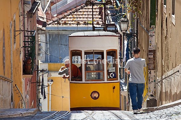 Tram of the Elevador da Bica funicular railway in the district of Bairro Alto, Lisbon, Portugal, Europe