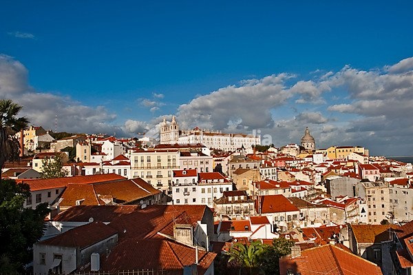 View from Miradouro Santa Luzia on the church Igreja Sao Vicente de Fora, Alfama district, Lisbon, Portugal, Europe