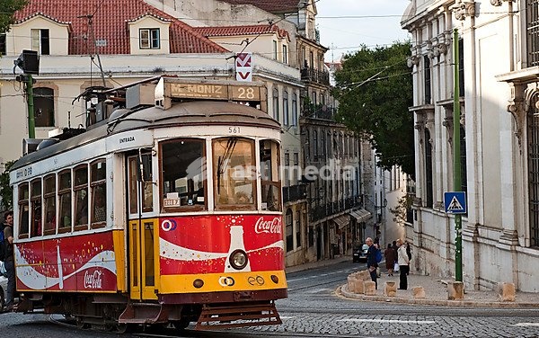 Historic tram Electrico, line 28, in the Alfama district, Lisbon, Portugal, Europe