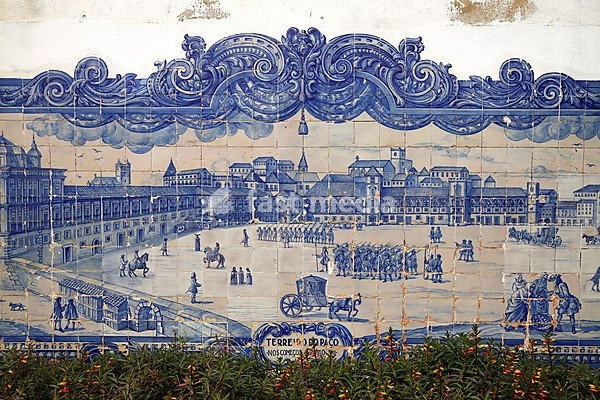 Lisbon before the 1755 earthquake, mural at the Church of Santa Luzia in the typical Azulejos blue glazed tiles in Lisbon, Portugal, Europe