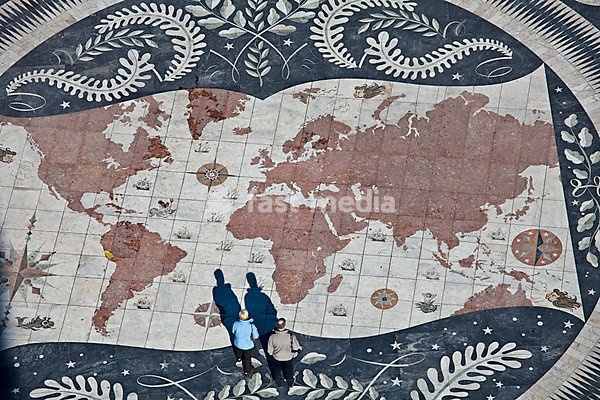 Tourists on a giant world map at the foot of the Monument to the Discoveries, Padrao dos Descobrimentos, Belem, Lisbon, Portugal, Europe