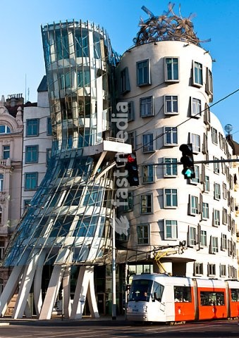The Dancing House, Tančící dům, also called Ginger and Fred, on the bank of the Vitava River, Prague, Czech Republic, Europe