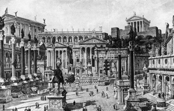 Rome, Forum Romanum. Reconstruction of the antique Forum Romanum. (from left Basilica Julia, Triumphal Arch of Tiberius, Temples of Saturn, Vespasian and Concordia, behind the Tabularium and Capitol). Woodcut, c. 1880
