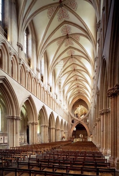 Wells (Somerset, England) Wells Cathedral, built between 1175 and 1490. Interior view of the nave, looking east. Photo