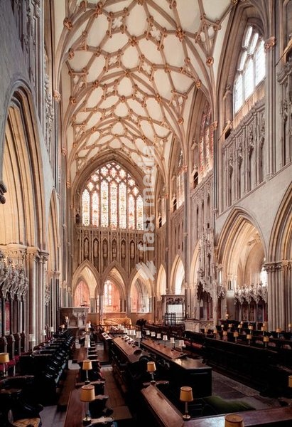 Wells (Somerset, England) Wells Cathedral, built between 1175 and 1490. Interior view of the choir looking east. Photo