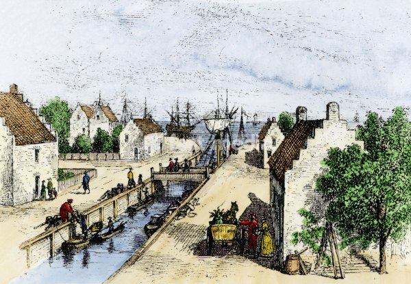 Dutch colonists using the canal in Broad Street, New Amsterdam, 1600s. Hand-colored woodcut of a 19th-century illustration