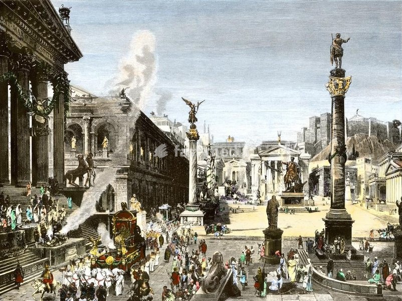Procession in the Forum Romanum, ancient Rome. Hand-colored woodcut of a 19th-century illustration