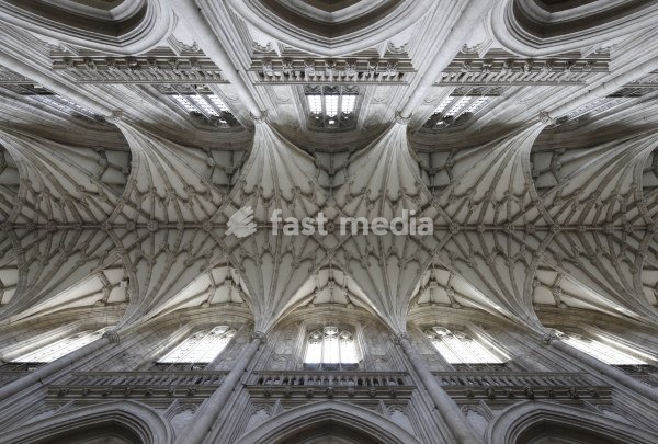 Winchester (Hampshire, England), Winchester Cathedral (built from 1079; choir rebuilt from 1200, nave rebuilt 2nd half of 14th c.). Partial view: ceiling. Photo