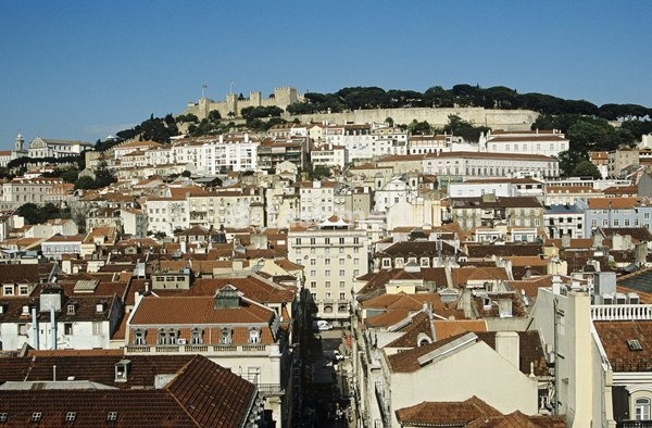 Overlooking the city and Saint George's Castle from Elevator Santa Justa, Lisbon, Portugal
