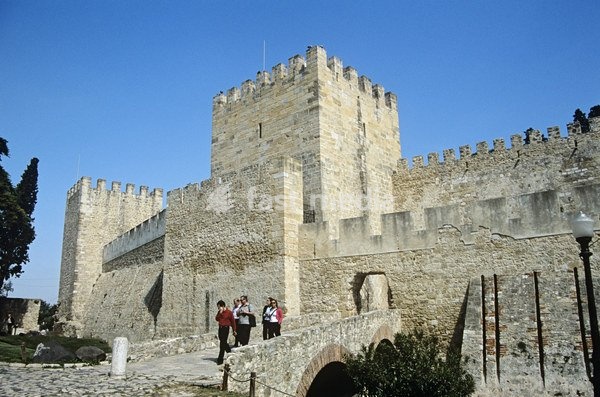 Tourists leaving Saint George's Castle, Castelo De Sao Jorge, Lisbon, Portugal