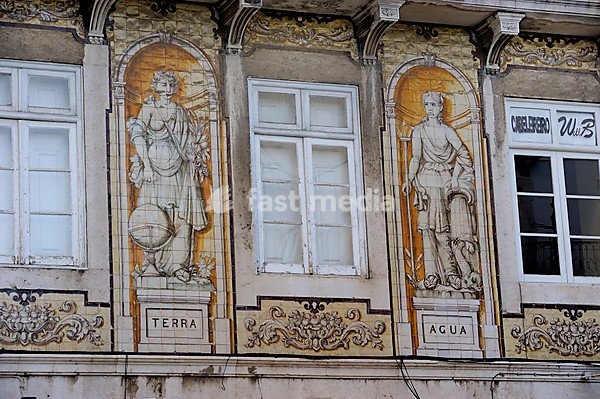 Ornate facade of a residential building, with tiles, Azulejos, Bairro Alto, Lisbon, Portugal, Europe