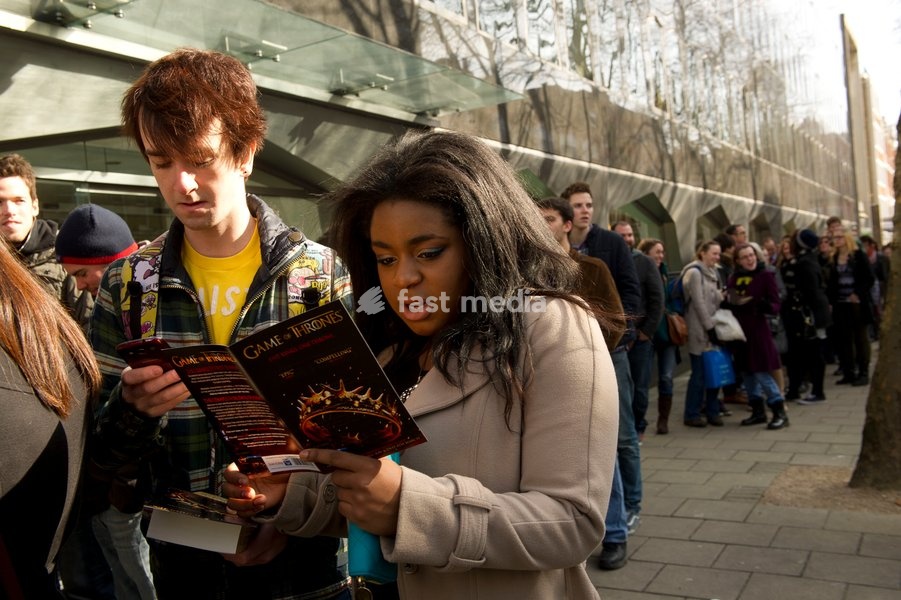 Isaac Hempstead Wright who plays Bran Stark in the series Game of Thrones by the Game of Thrones Westeros Food Wagon to celebrate the release of Season Two on DVD and Blu-ray, Tottenham Court Road.,London