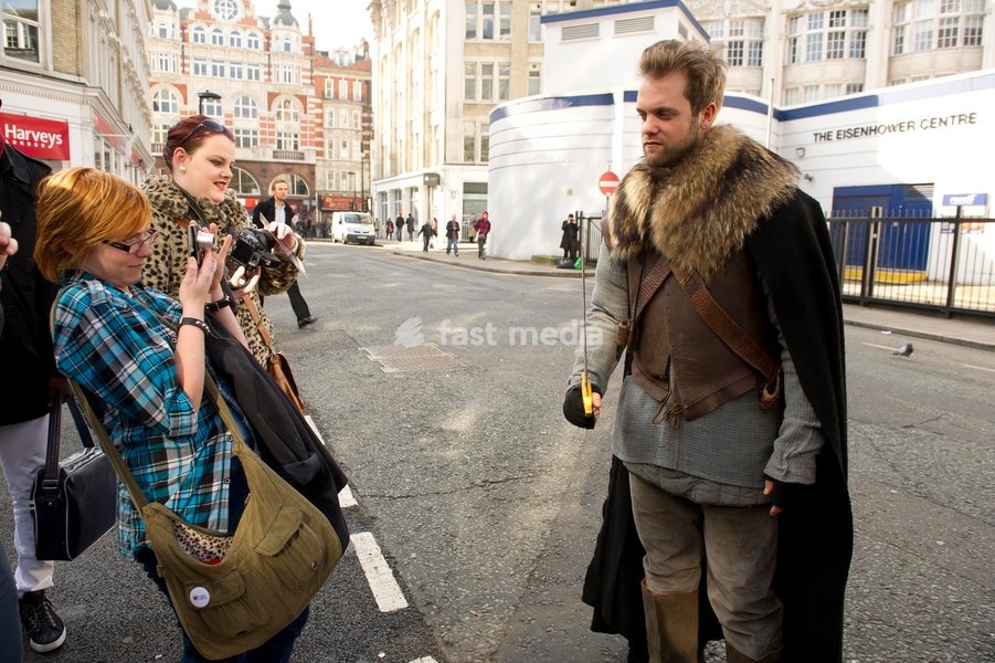 Isaac Hempstead Wright who plays Bran Stark in the series Game of Thrones by the Game of Thrones Westeros Food Wagon to celebrate the release of Season Two on DVD and Blu-ray, Tottenham Court Road.,London