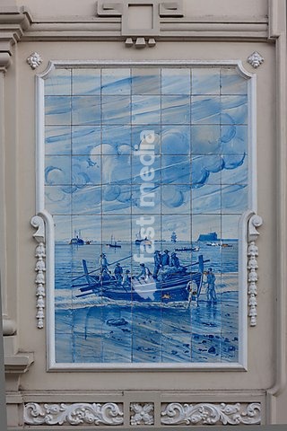 Azulejo, mural made of ceramic tiles, fishermen pulling a boat ashore, in Funchal