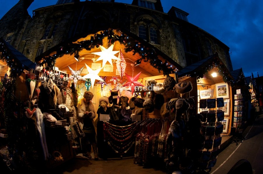 Winchester Christmas Market in the grounds of Winchester Cathedral Hampshire England