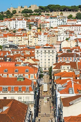 Augusta Street and Castelo de São Jorge, Baixa, Lisbon, Portugal