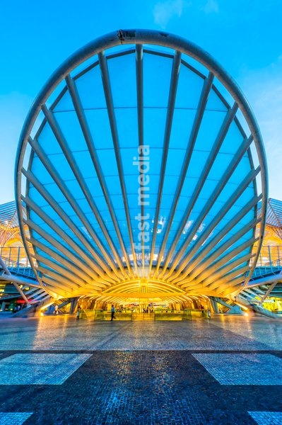 Oriente train station at twilight, Parque das Nacoes (Park of the Nations), Lisbon, Portugal, Europe