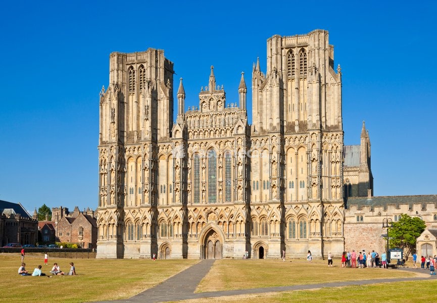 Front facade of Wells Cathedral, Wells, Somerset, England, United Kingdom, Europe