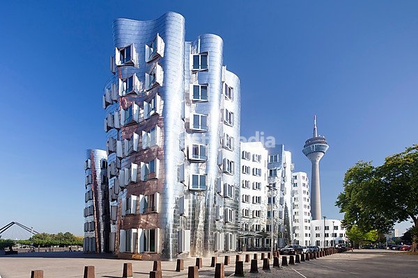 Neuer Zollhof, Gehry Buildings and Rhine Tower at the Media Harbour, Düsseldorf, North Rhine-Westphalia, Germany