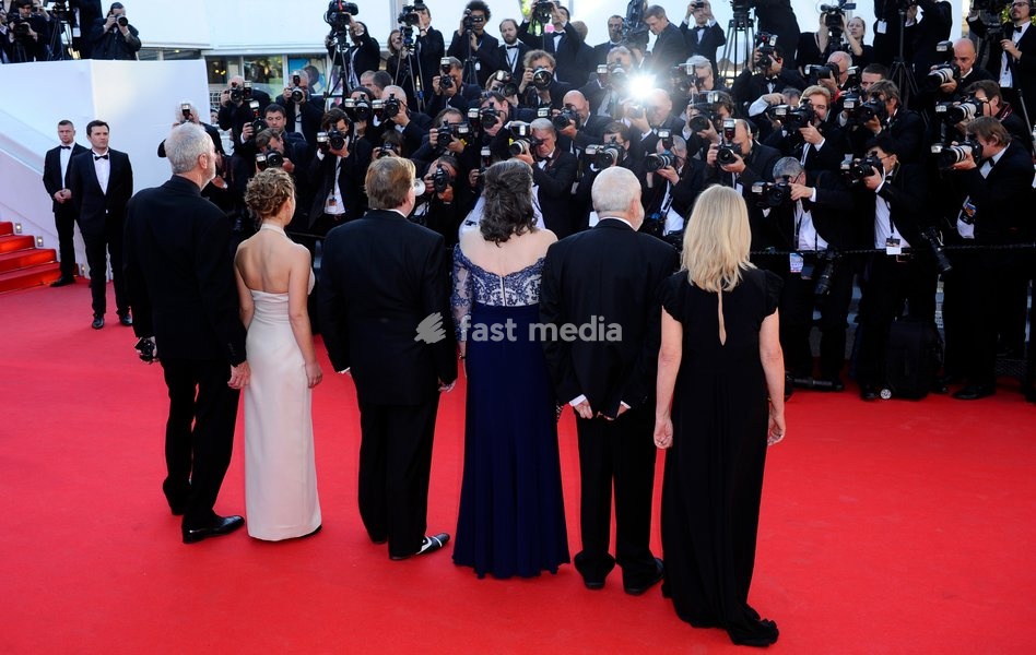 Dick Pope, Dorothy Atkinson, Timothy Spall, Marion Bailey, Mike Leigh and Georgina Lowe attends the 'Mr Turner' Premiere on Day Two at the 67th Annual Cannes Film Festival on May 15, 2014 in Cannes, France