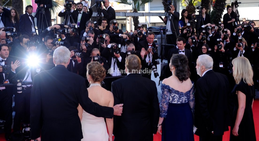 Dick Pope, Dorothy Atkinson, Timothy Spall, Marion Bailey, Mike Leigh and Georgina Lowe attends the 'Mr Turner' Premiere on Day Two at the 67th Annual Cannes Film Festival on May 15, 2014 in Cannes, France