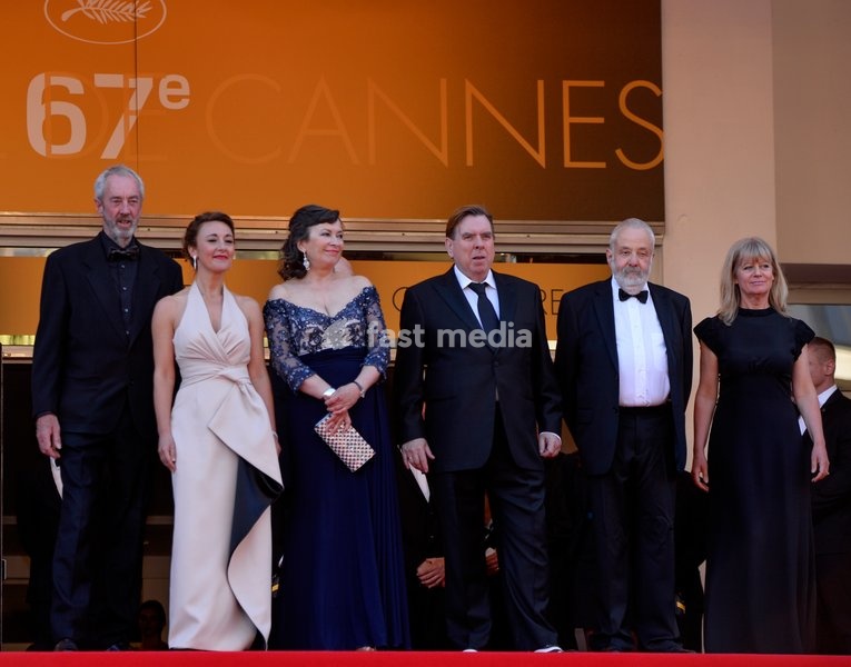 Dorothy Atkinson, Timothy Spall, Marion Bailey, Mike Leigh and Georgina Lowe attends the 'Mr Turner' Premiere on Day Two at the 67th Annual Cannes Film Festival on May 15, 2014 in Cannes, France