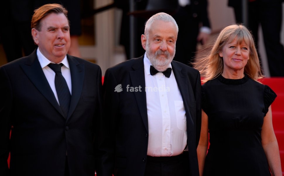 Timothy Spall, Mike Leigh and Georgina Lowe attends the 'Mr Turner' Premiere on Day Two at the 67th Annual Cannes Film Festival on May 15, 2014 in Cannes, France