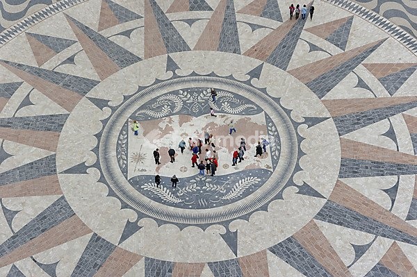 Compass rose with world map in the pavement in front of the Padrao dos Descobrimentos, Monument to the Discoveries, Belem, Lisbon, Lisbon District, Portugal