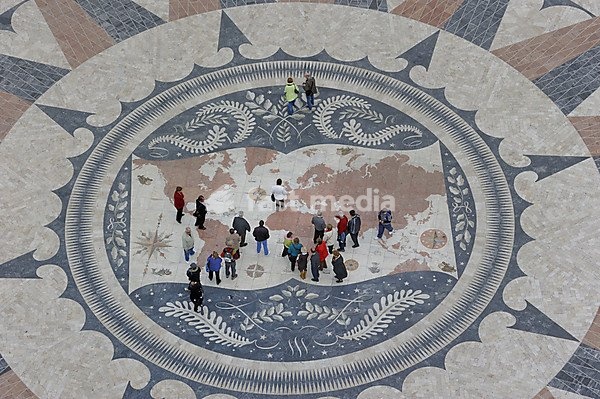 Compass rose with world map in the pavement in front of the Padrao dos Descobrimentos, Monument to the Discoveries, Belem, Lisbon, Lisbon District, Portugal