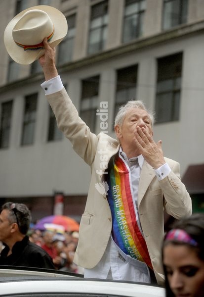 Sir Ian McKellen, a grand marshal at the annual Lesbian, Gay, Bisexual and Transgender Pride Parade on Fifth Avenue in New York on Sunday, June 28, 2015