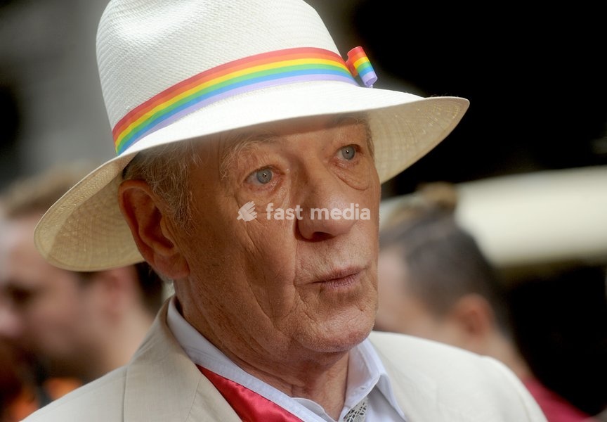 Sir Ian McKellen, a grand marshal at the annual Lesbian, Gay, Bisexual and Transgender Pride Parade on Fifth Avenue in New York on Sunday, June 28, 2015