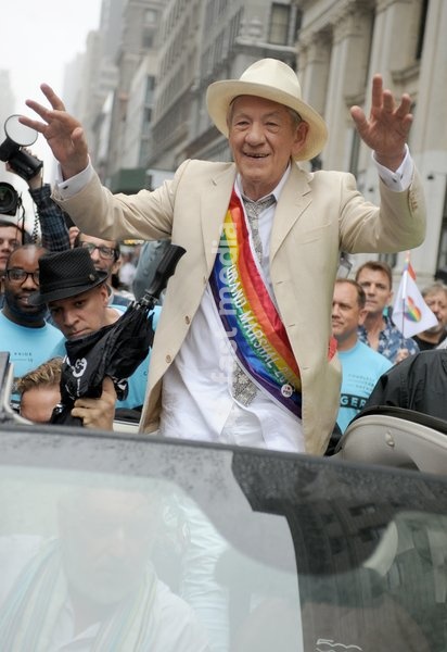 Sir Ian McKellen, a grand marshal at the annual Lesbian, Gay, Bisexual and Transgender Pride Parade on Fifth Avenue in New York on Sunday, June 28, 2015
