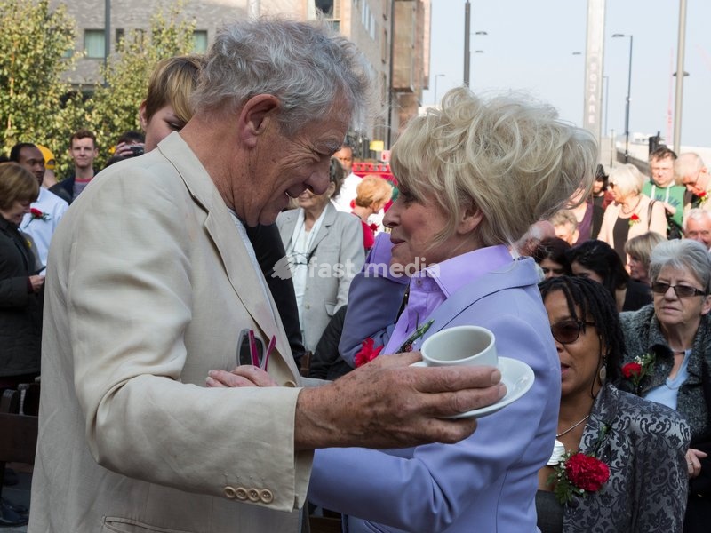 Sir Ian McKellen greets Barbara Windsor. Unveiling ceremony for the Joan Littlewood sculpture by Philip Jackson in Theatre Square outside Theatre Royal Stratford East