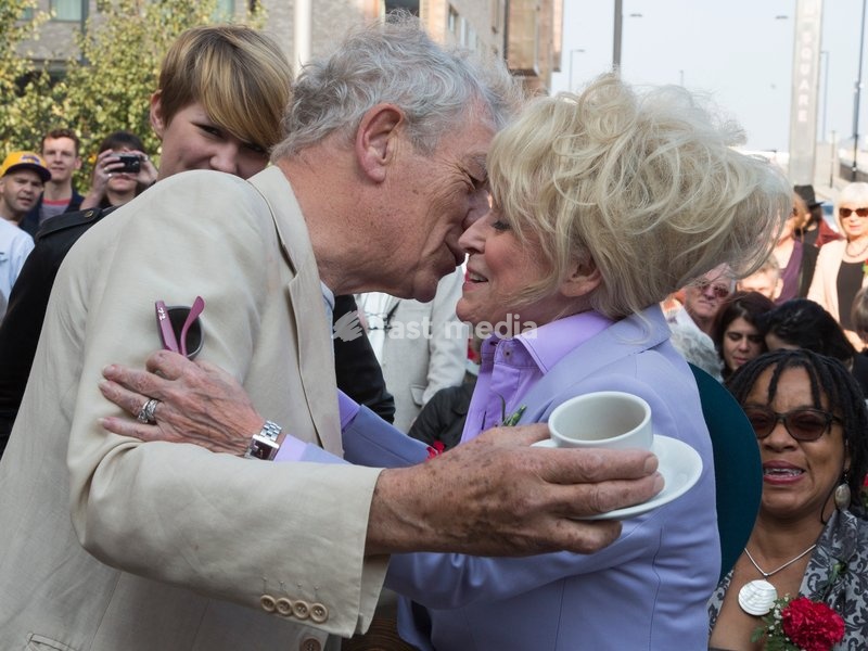 Sir Ian McKellen greets Barbara Windsor. Unveiling ceremony for the Joan Littlewood sculpture by Philip Jackson in Theatre Square outside Theatre Royal Stratford East